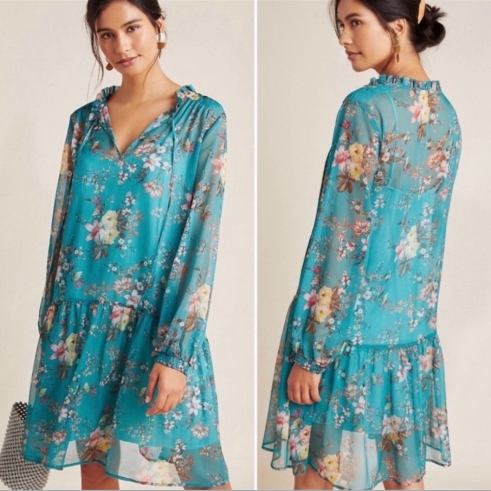 Anthropologie Maeve Emmy Teal Floral Tunic Dress